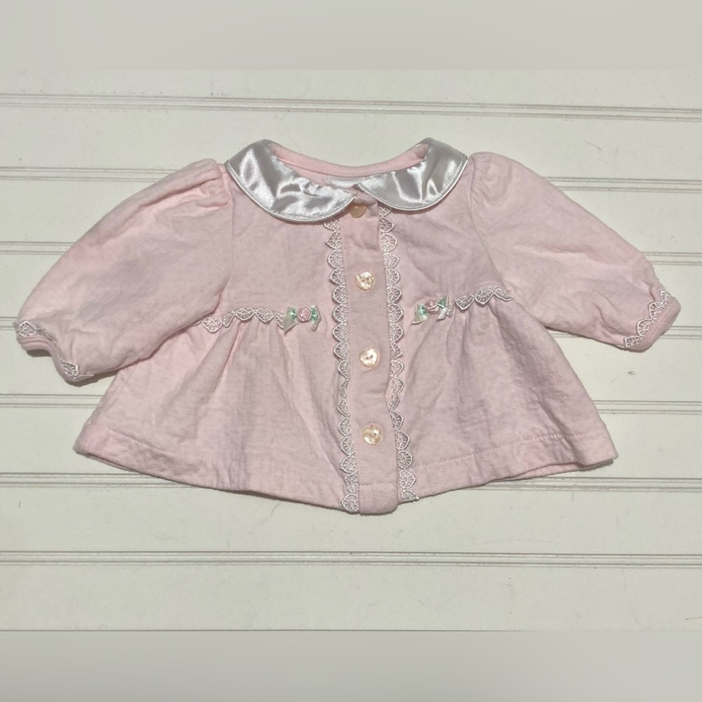 Little Wonders Infant Baby Sweater Pink White Embroidered Trim‎ Flowers Size NB